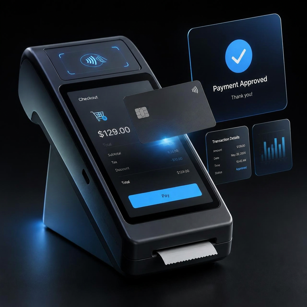 Modern countertop credit card terminal approving a contactless card payment